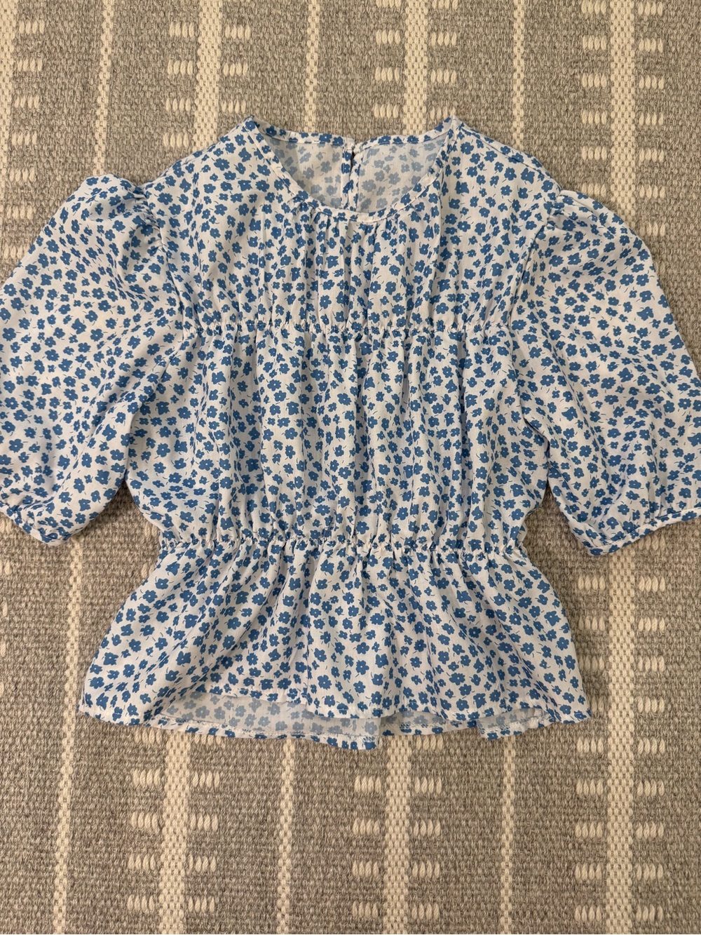 Cottagecore Romantic Blue & Blue Floral Smocked Peplum Top Medium